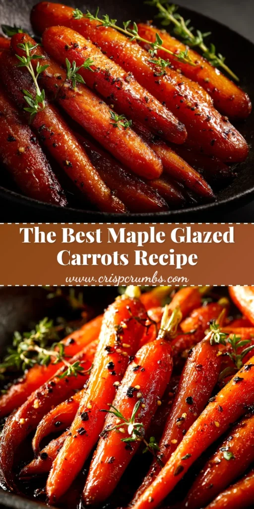 A beautiful serving platter of perfectly roasted maple glazed carrots, garnished with fresh thyme. The carrots have a shiny, caramelized glaze.