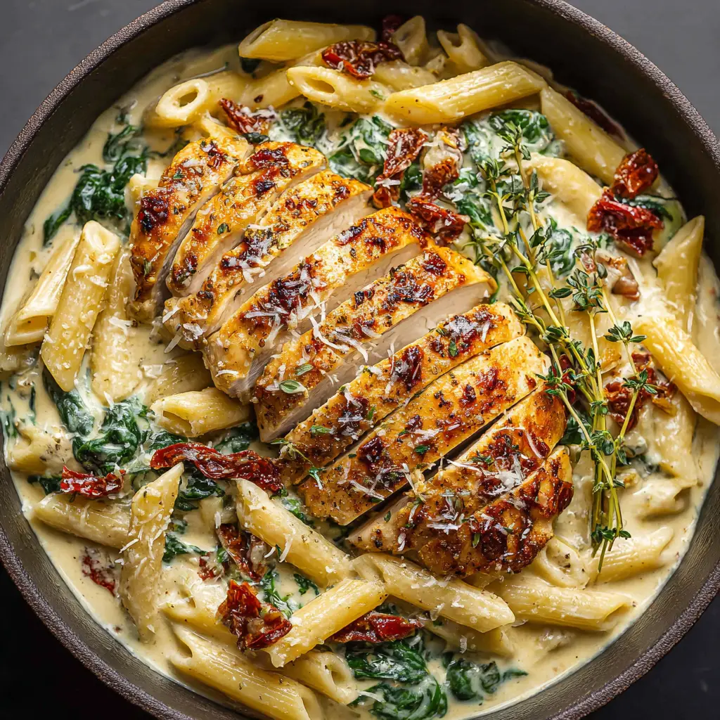 A step-by-step process shot of the creamy sauce for Marry Me Chicken Pasta being mixed in a black skillet, with chicken and pasta ready to be added.