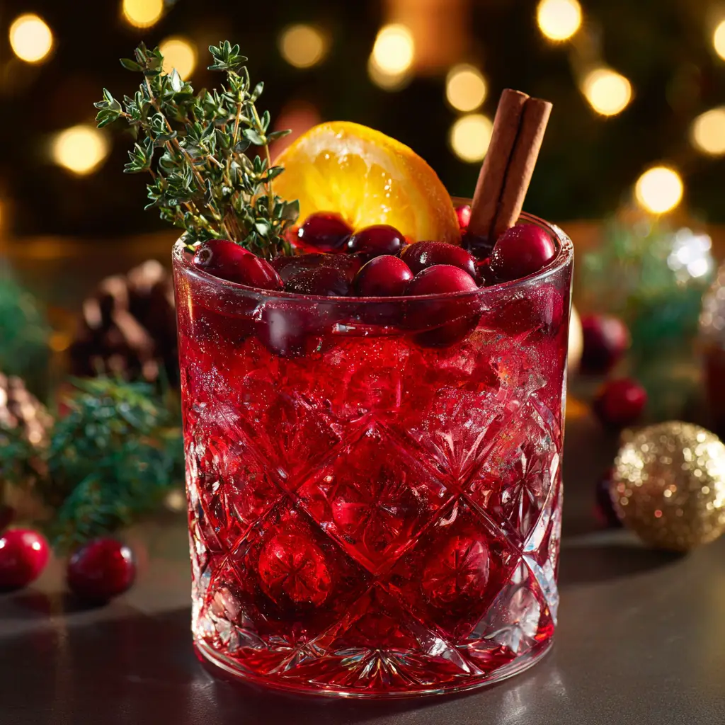 A top-down view of the non-alcoholic Christmas punch in a large punch bowl, showing the beautiful arrangement of orange slices, cranberries, and rosemary.