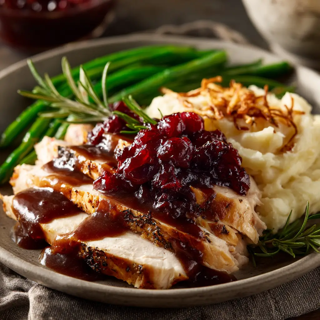 A close-up of a plated, non-traditional Thanksgiving dinner featuring a slice of juicy roasted duck with crispy skin and a side of roasted butternut squash.