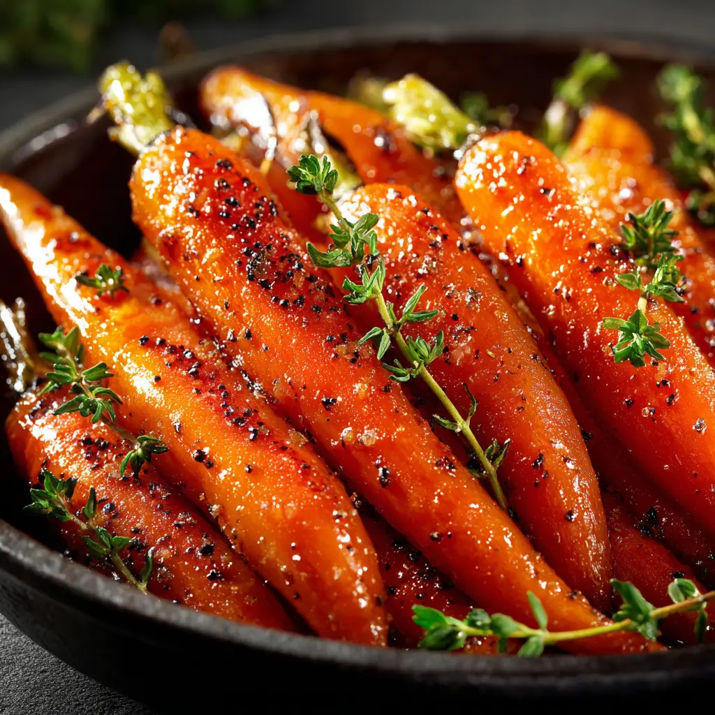 An extreme close-up shot of oven-roasted carrots with a glistening maple glaze. You can see the texture of the caramelization and fresh herbs.