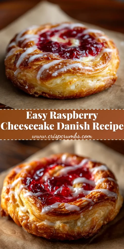 An overhead shot of six perfectly baked Raspberry Cheesecake Danish pastries on a cooling rack, drizzled with a sweet vanilla glaze.