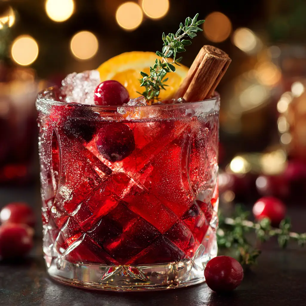A close-up shot of a glass filled with sparkling non-alcoholic Christmas punch, with an orange slice and cranberries visible.