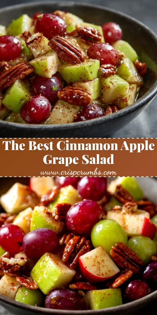 A large white bowl filled with creamy apple grape salad, garnished with fresh celery leaves. The salad features red grapes, green apples, and walnuts.