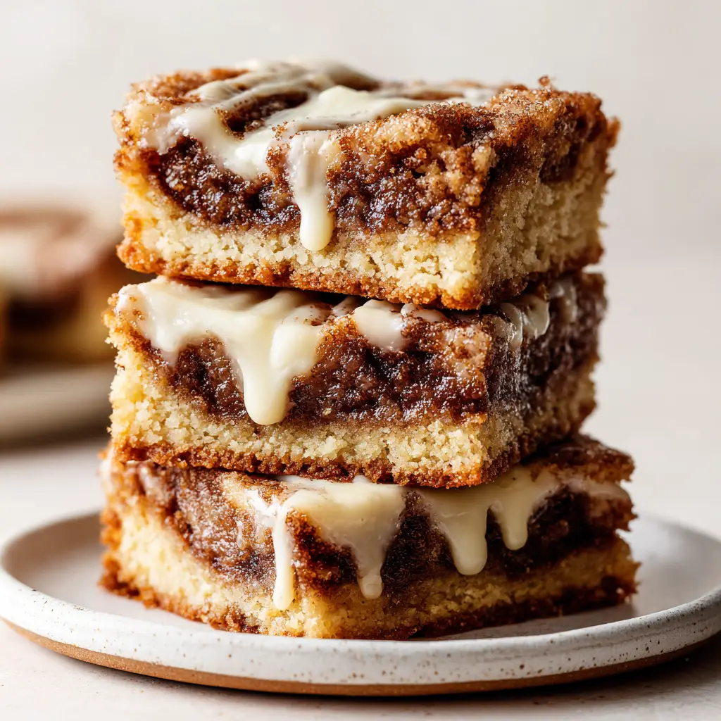 A single cinnamon roll bar on a plate, with a fork taking the first bite to reveal the soft, cake-like interior.
