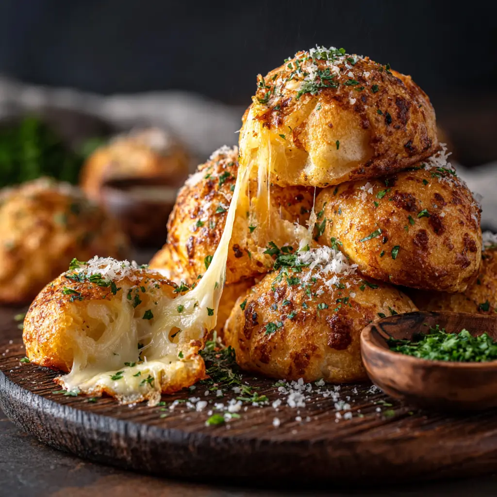 A close-up shot of several freshly baked biscuit cheese bombs arranged invitingly on a wooden board. They are brushed with garlic butter and herbs.