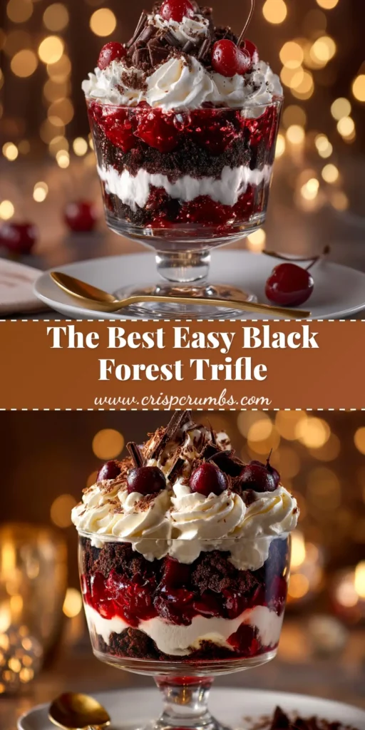 A stunning Black Forest Trifle in a large glass bowl, showcasing layers of chocolate cake, cherry filling, and whipped cream, topped with chocolate shavings.