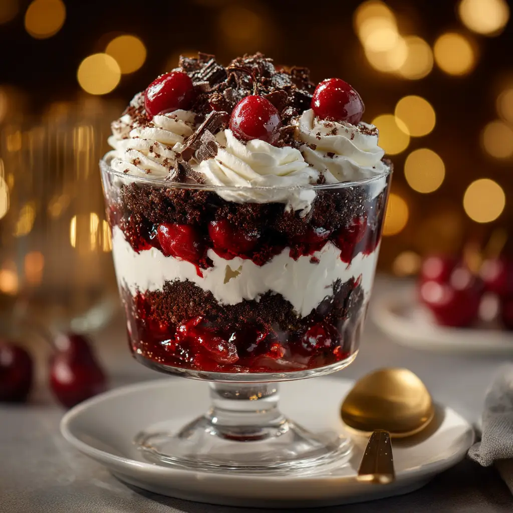 A single serving of chocolate cherry trifle in a glass, with distinct layers of cake, cherries, and cream, garnished with a fresh cherry.