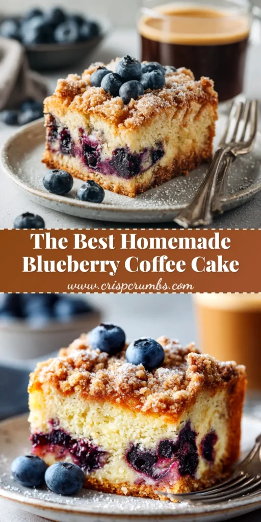 A beautiful overhead shot of a freshly baked blueberry coffee cake with a thick cinnamon streusel topping, sliced to show the moist interior.