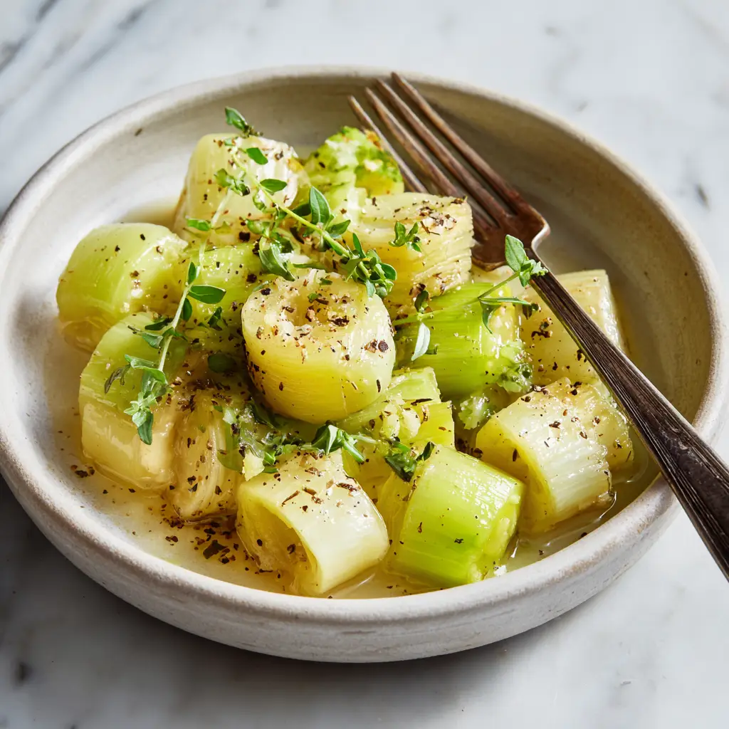 A white ceramic bowl filled with tender, buttery sautéed leeks, showing their soft texture and light caramelization.