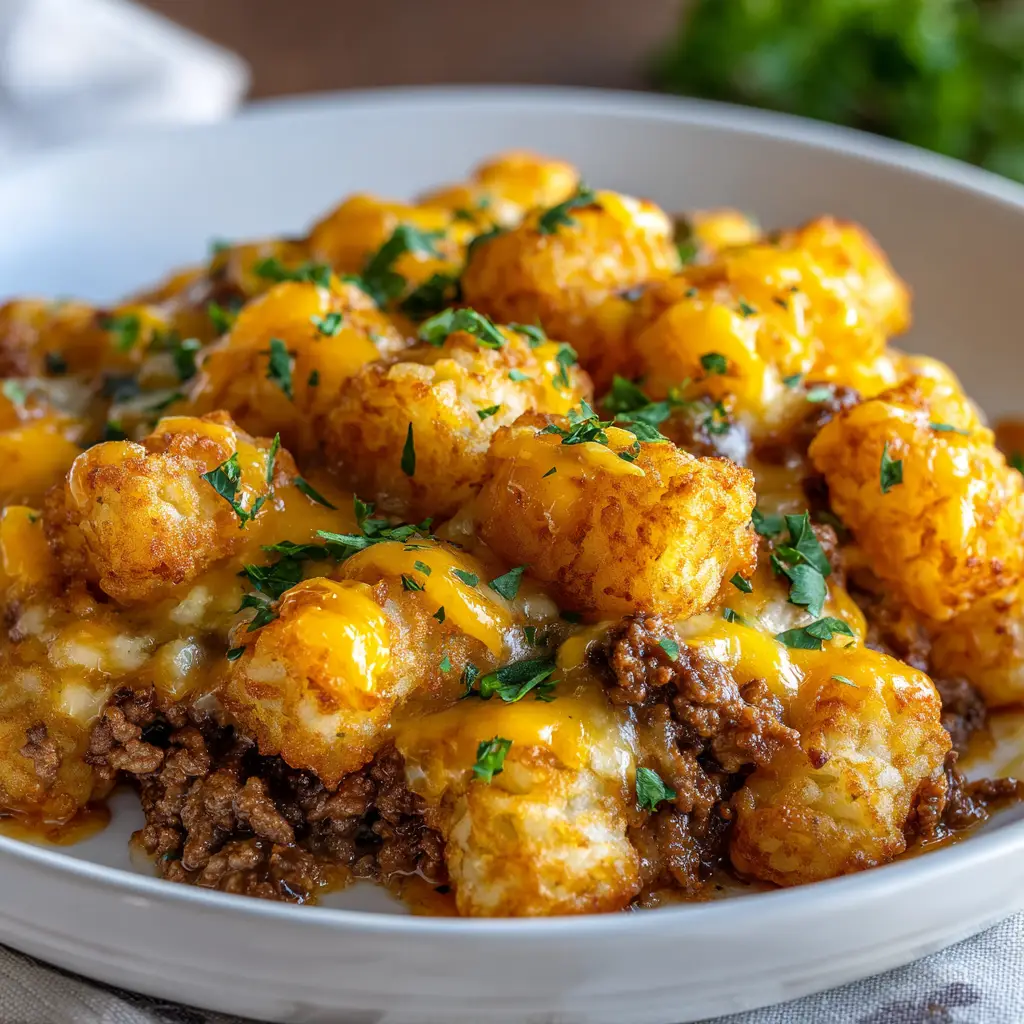 A close-up spoonful of cheesy Tater Tot Casserole, showcasing the creamy ground beef and vegetable filling under the crispy tots.