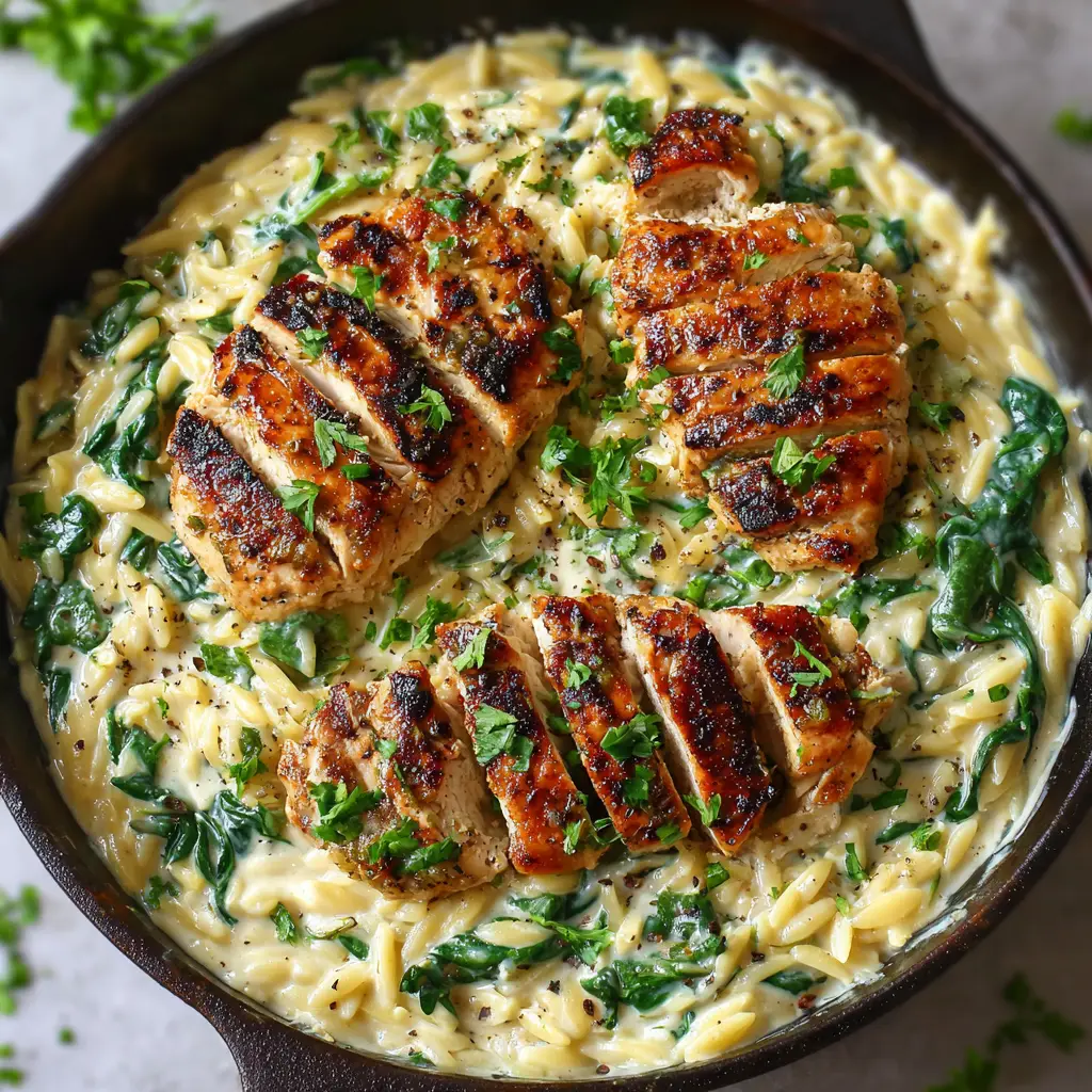 An extreme close-up overhead shot of creamy chicken orzo pasta in a pan, highlighting the rich texture of the Boursin cheese sauce.