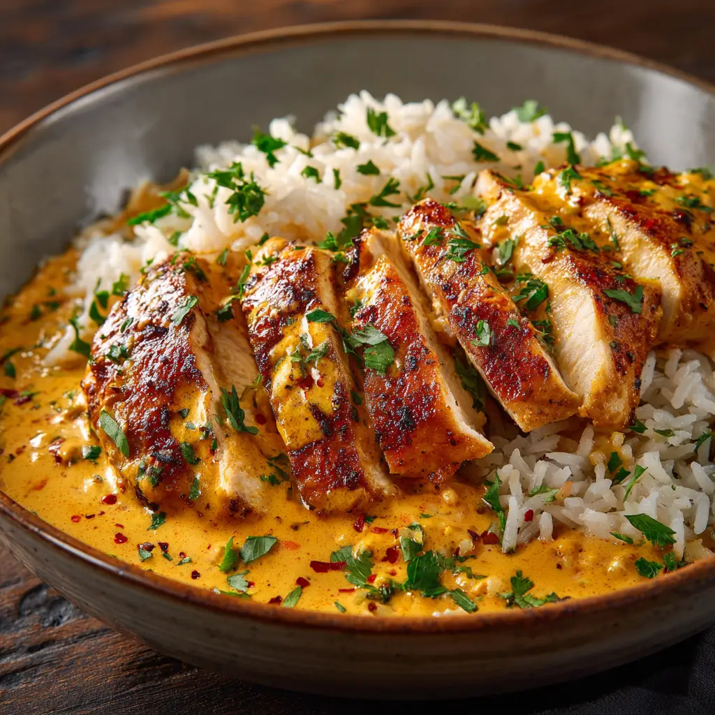 A close-up shot of pan-seared chicken breasts coated in a creamy cajun sauce in a skillet. The sauce is bubbling slightly, showing its rich texture.