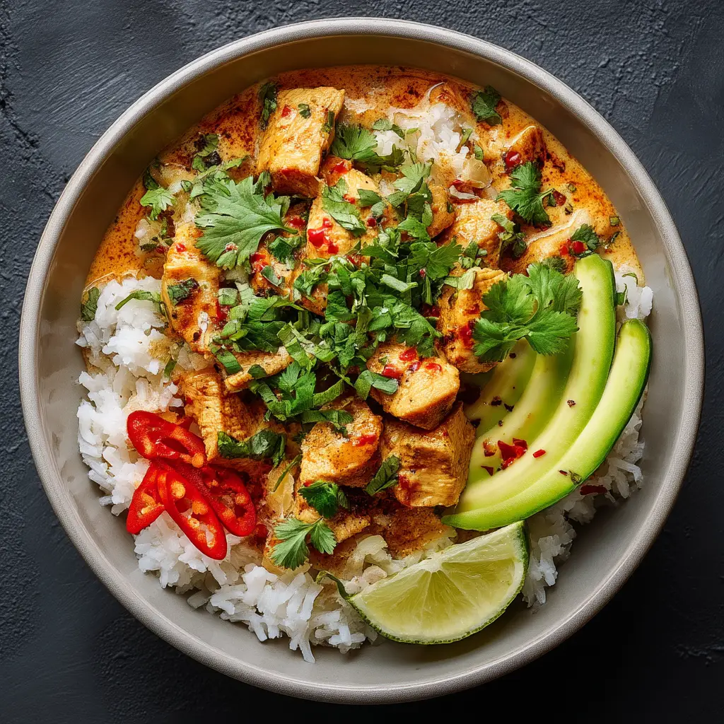 A close-up overhead view of the creamy coconut chicken being served over fluffy white rice in a bowl, showing the rich texture of the sauce.