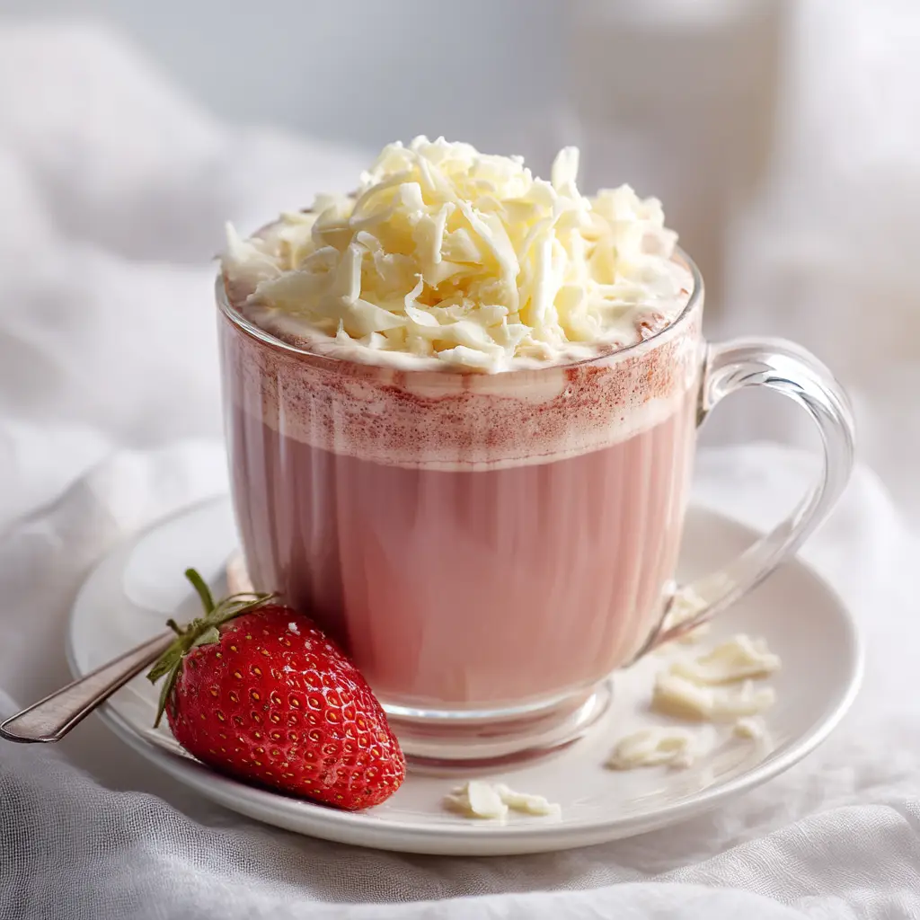 A stylistic shot of the creamy pink hot chocolate being poured into a mug, showcasing its smooth consistency.