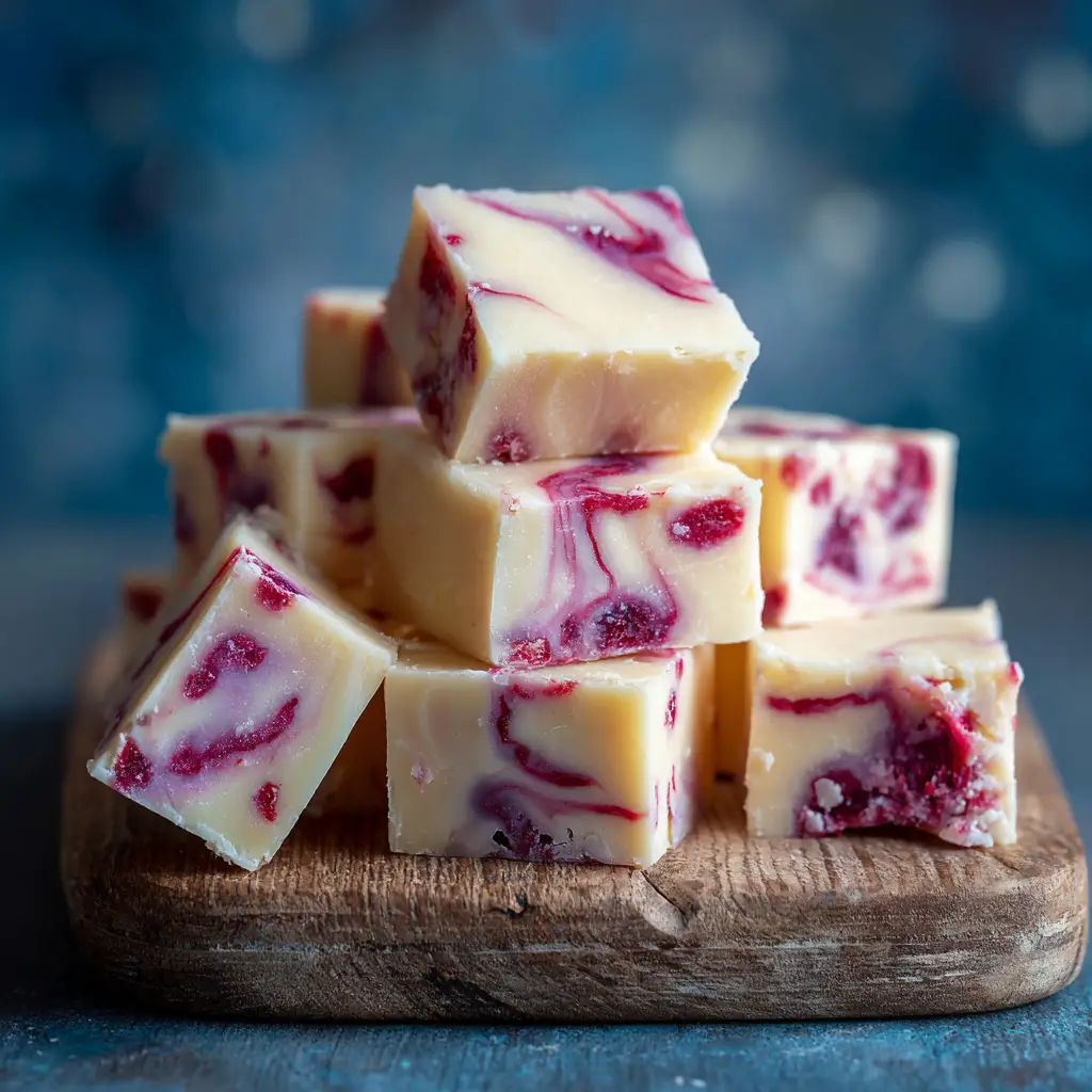 A close-up shot of white chocolate raspberry fudge squares stacked on a plate. The texture is visibly smooth and creamy, with vibrant raspberry swirls.