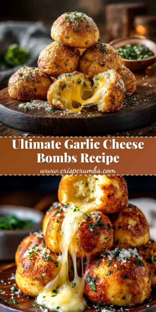 A stack of golden-brown garlic cheese bombs on a plate, with one broken open to show a gooey mozzarella cheese pull. The perfect easy appetizer recipe.