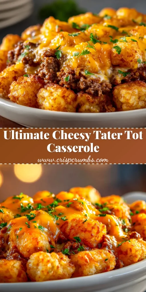 A delicious and easy Tater Tot Casserole recipe baked in a white dish, showing a cheesy, golden-brown crispy topping. The perfect family dinner idea.
