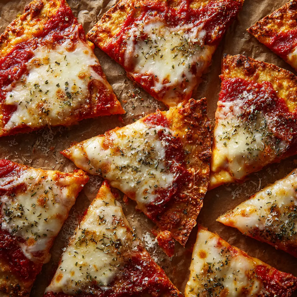 A close-up overhead shot of pepperoni pizza chips on a baking sheet, showing the melted mozzarella cheese and crispy edges.