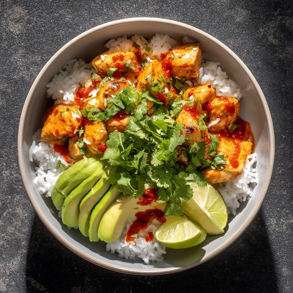 A fully assembled coconut chicken rice bowl from above, garnished with fresh herbs and ready to be eaten.