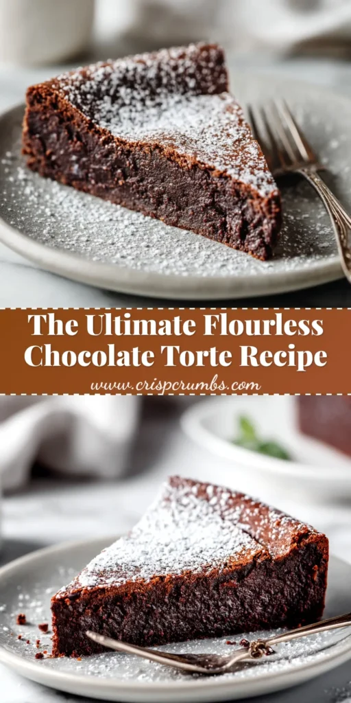 An overhead shot of a rich, glossy flourless chocolate torte recipe on a serving platter, with one perfect slice removed.