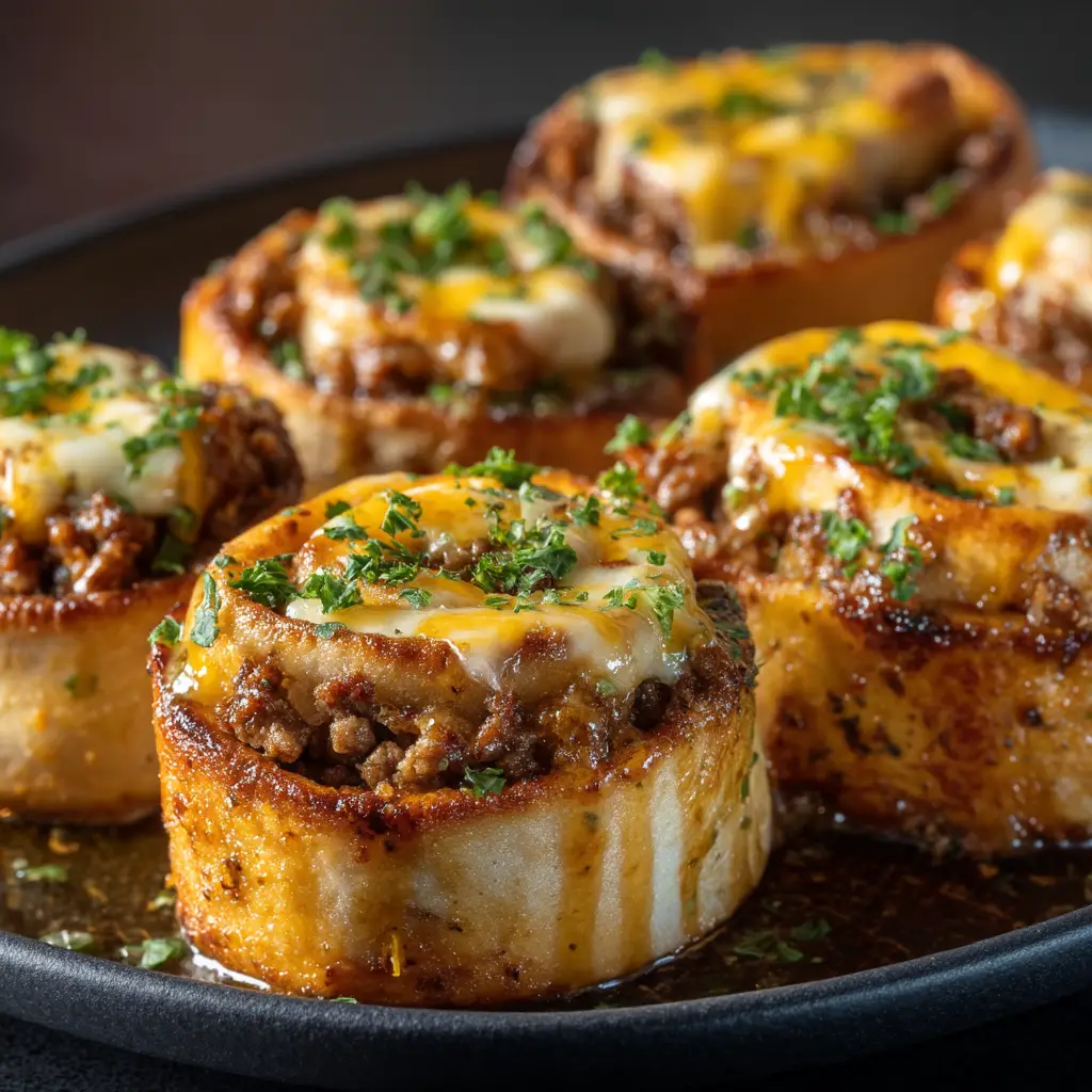 A different angle showing a batch of freshly baked Cheeseburger Rollups, emphasizing the savory ground beef and cheese filling.