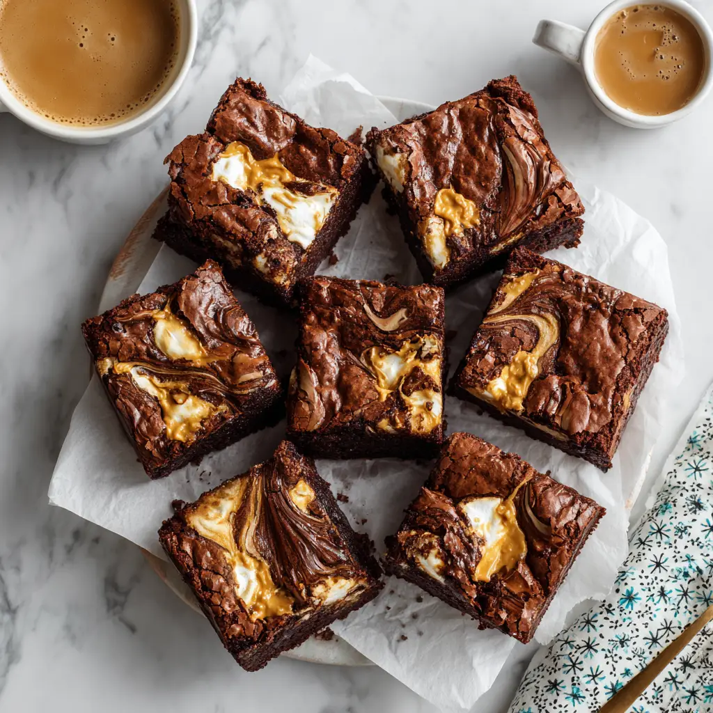 A flat lay of freshly baked Fluffernutter Brownies in a baking pan, showing the beautiful marshmallow swirl brownies before they are cut.