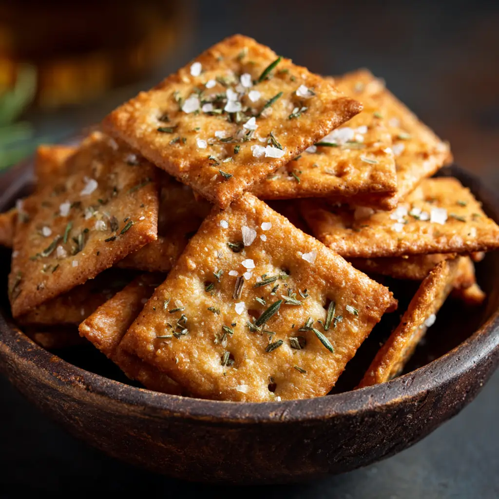 A pile of golden-brown, square keto crackers made with almond flour, shown up close to highlight their crispy texture.