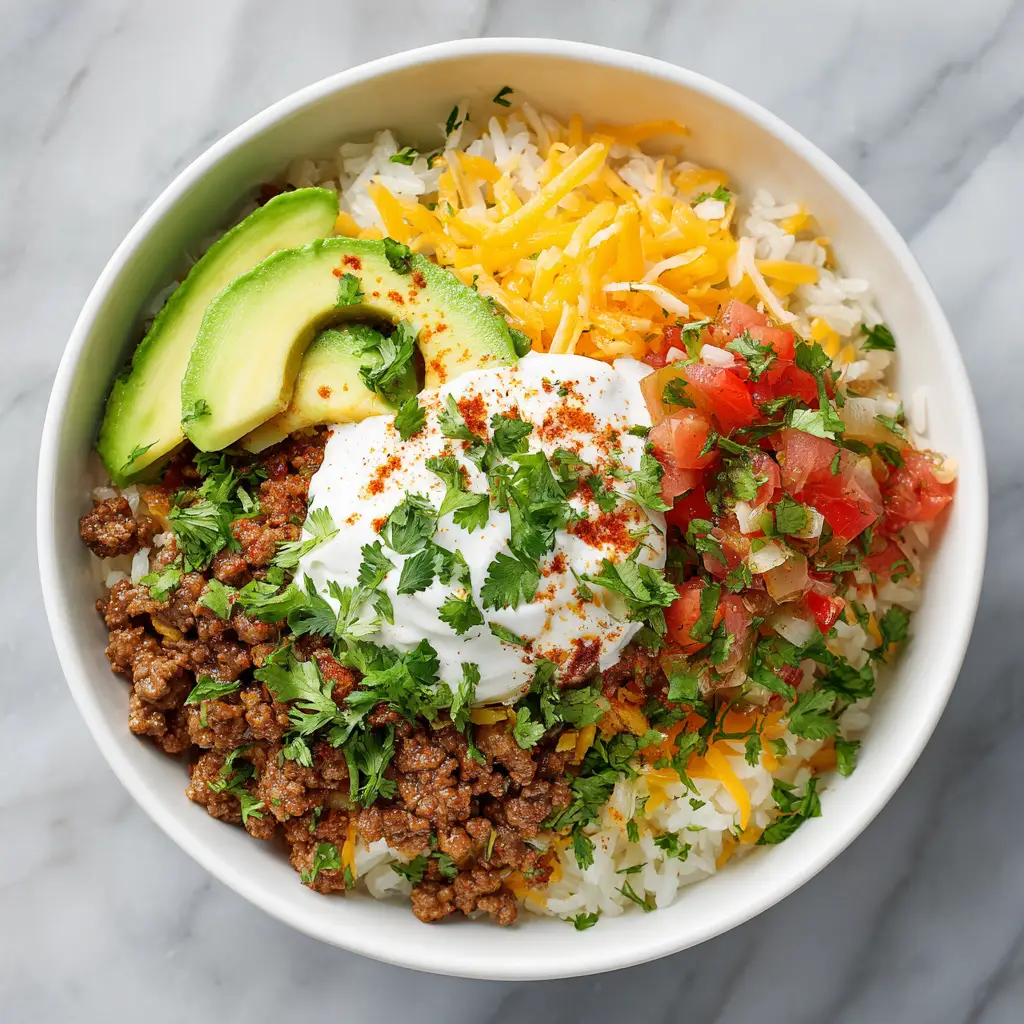 A vibrant, fully assembled ground beef taco bowl with fresh toppings, seen from directly above. A perfect example of a healthy and satisfying meal.