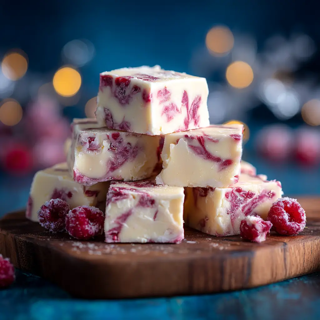 A lifestyle shot of the process of making white chocolate raspberry fudge, showing the fudge being swirled with a knife in a baking pan.