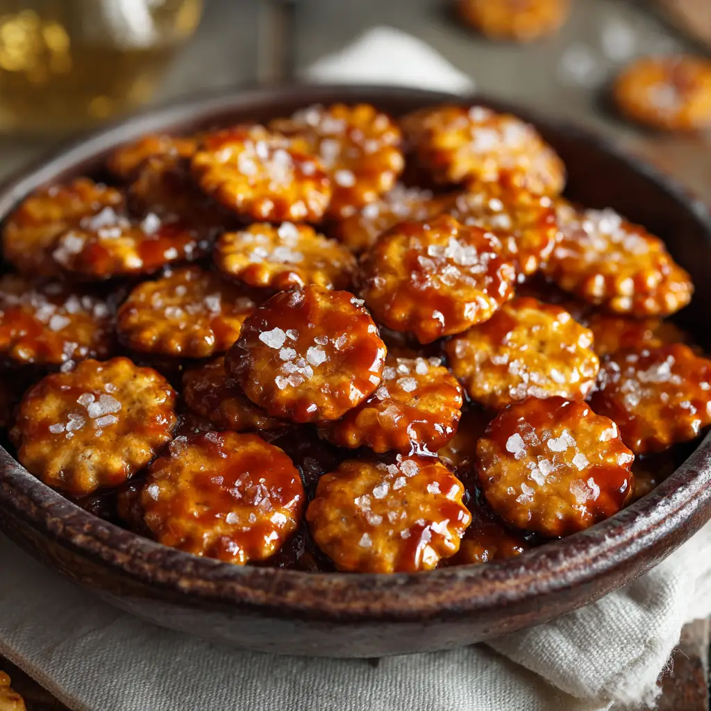 A close-up shot of homemade cracker toffee being spread on a baking sheet. The rich, bubbly caramel is poured over a layer of saltine crackers.