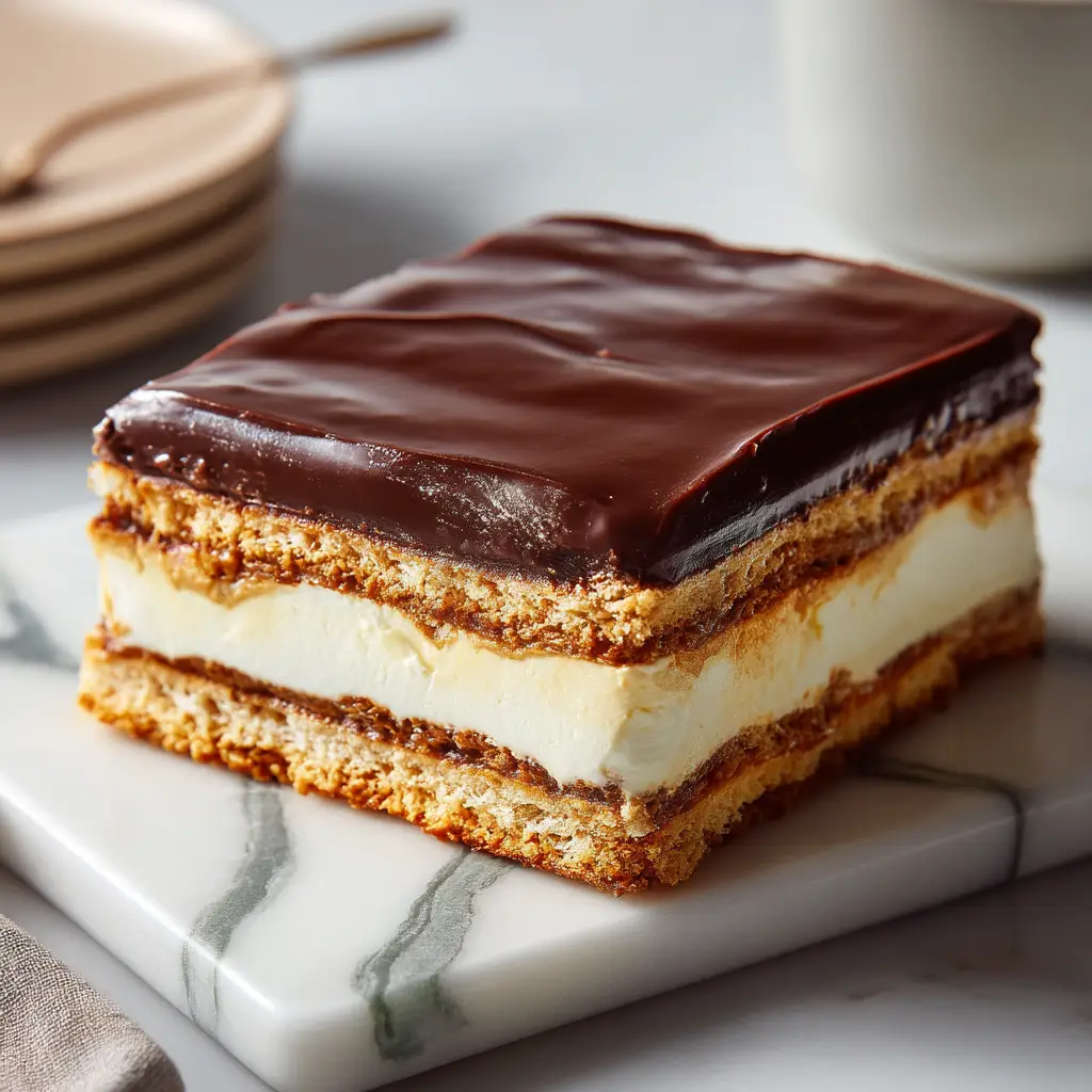 A perfectly cut slice of graham cracker eclair cake on a white plate, showcasing the distinct layers of cracker and creamy vanilla pudding.