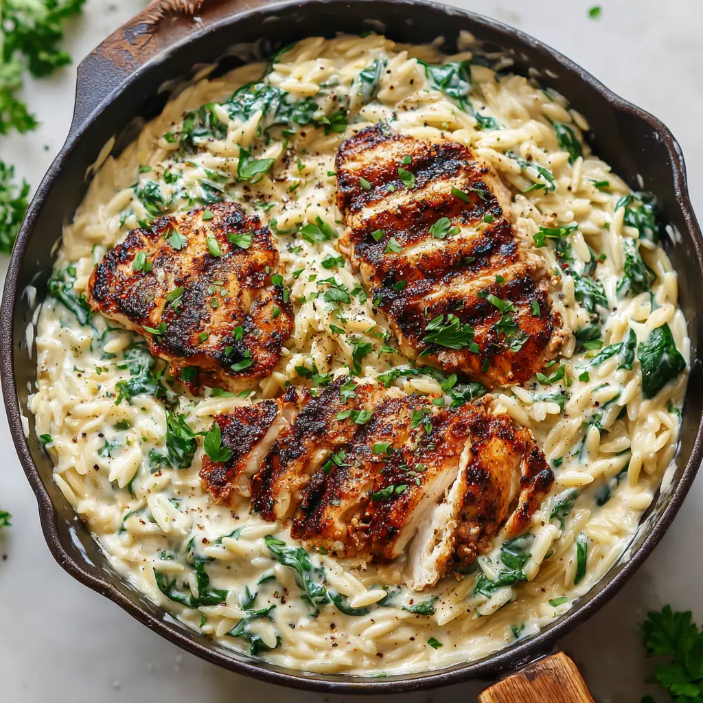 A spoonful of one-pan Boursin chicken orzo being lifted from a skillet, showing the tender chicken, pasta, and spinach.