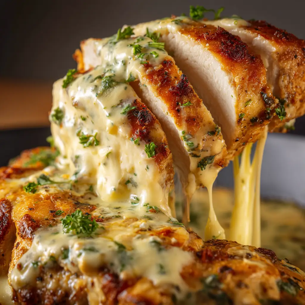 A skillet of freshly baked Caesar chicken, showcasing the tender chicken breasts nestled in bubbly, creamy Parmesan sauce.