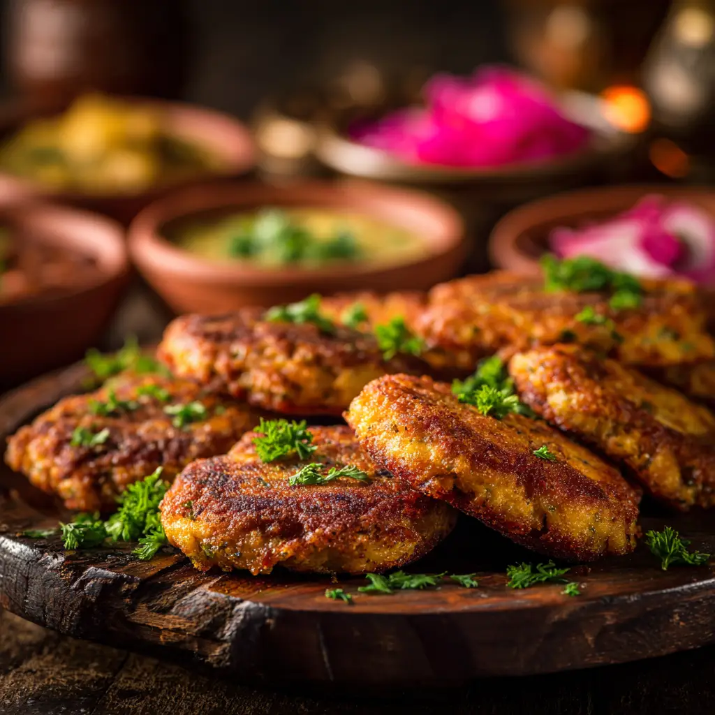 A platter of golden-brown Persian kotlet, a traditional ground meat patty, ready to be served for dinner.