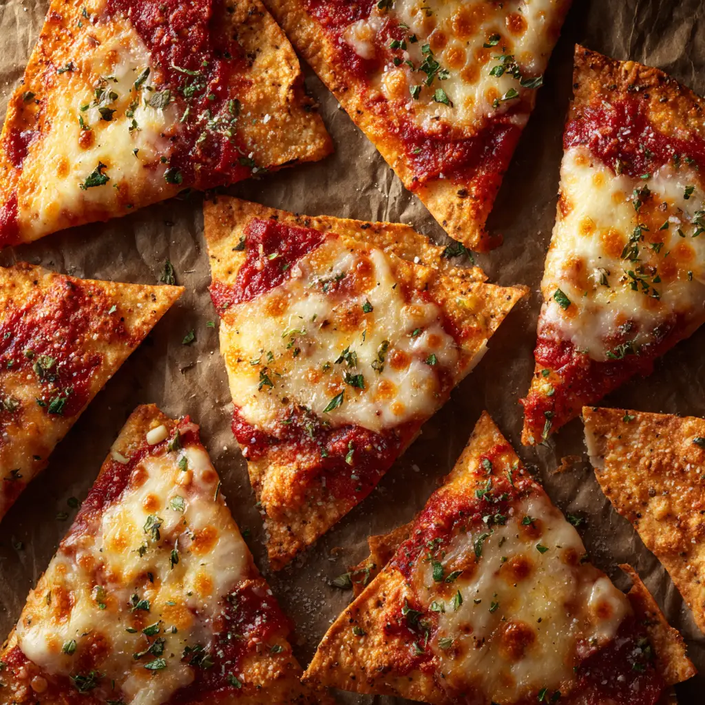 A bowl of crispy pizza chips served with a side of marinara sauce for dipping, illustrating a perfect party appetizer.