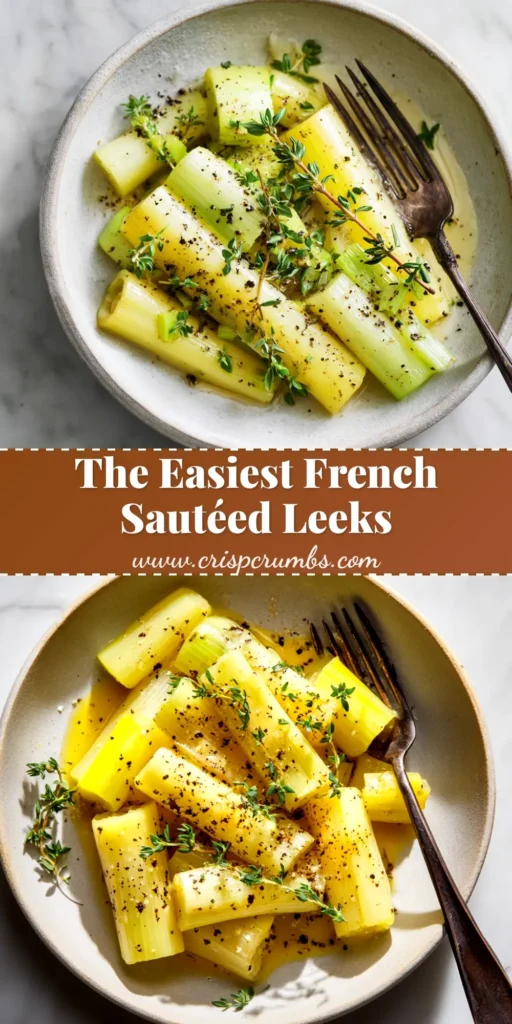 A close-up overhead shot of buttery sautéed leeks in a rustic pan, ready to be served. The pin text reads 'Easy Sautéed Leeks - The Perfect Side Dish'.