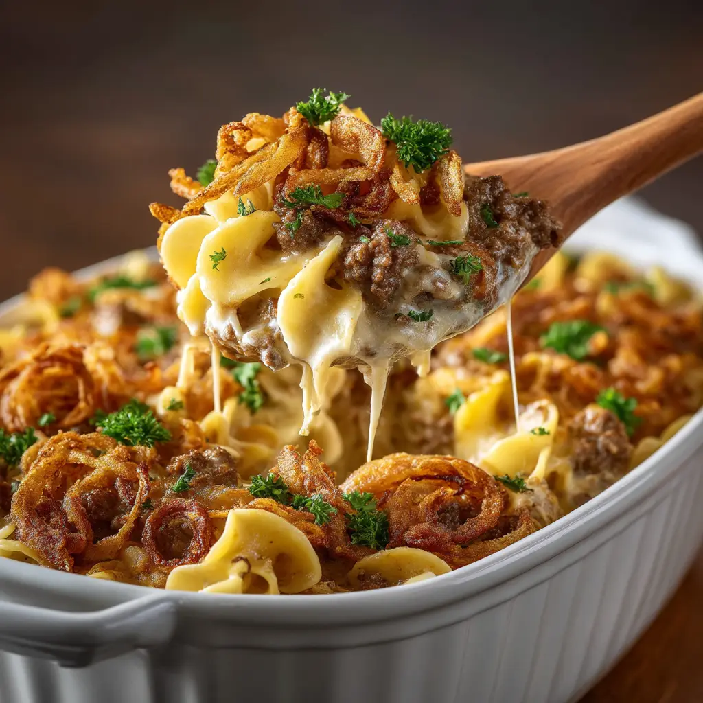 A close-up spoonful of savory beef and noodle casserole with caramelized onions being lifted from a baking dish, showing the texture of the filling.
