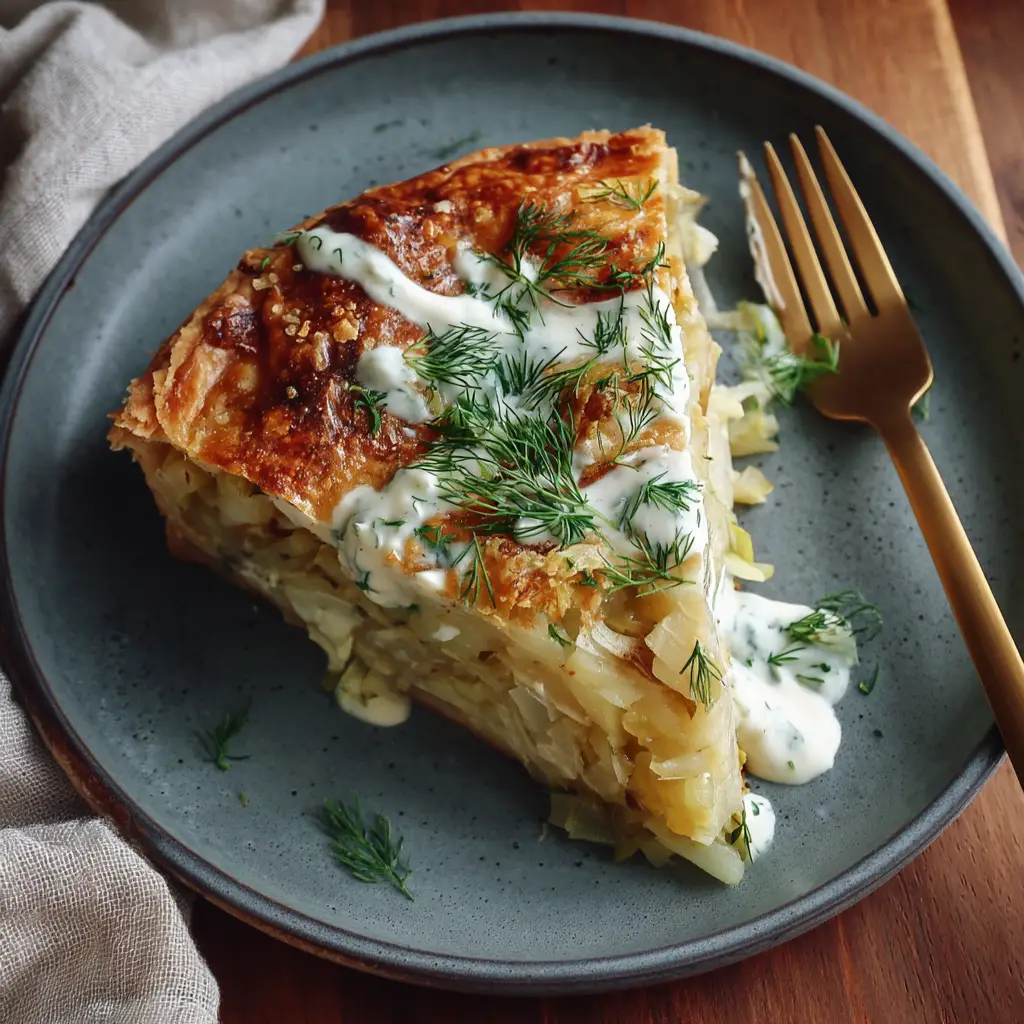 A close-up overhead view of the savory cabbage pie, showing the perfectly browned crust and the texture of the tender cabbage filling.
