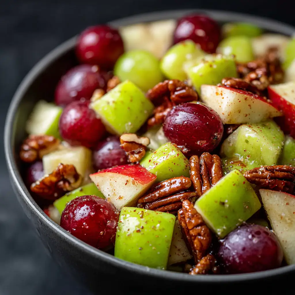 A spoonful of the finished apple grape salad, ready to be served. The image showcases the chopped walnuts, celery, apples, and grapes.