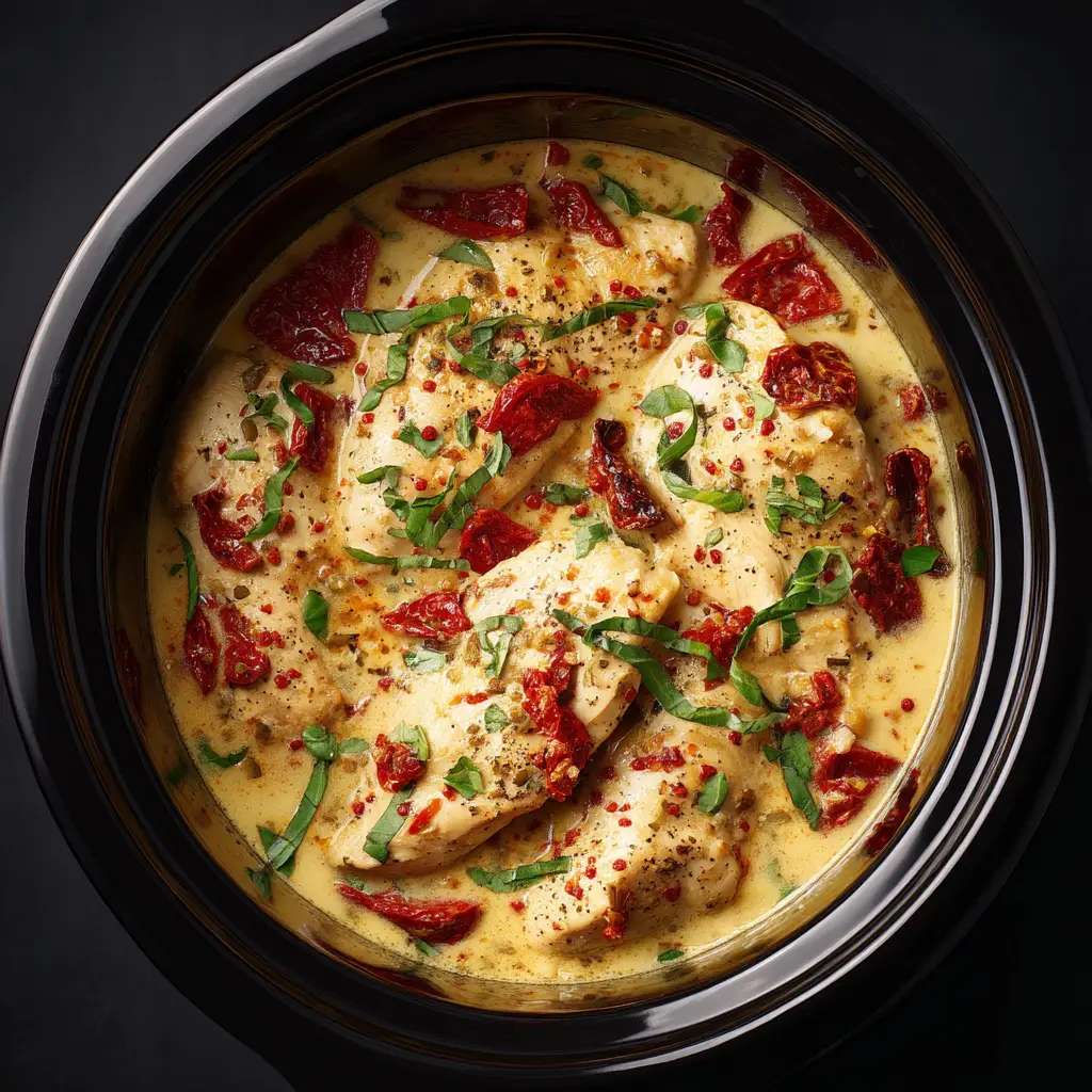 A serving of Crockpot Marry Me Chicken being plated from a slow cooker onto a bed of fresh pasta.