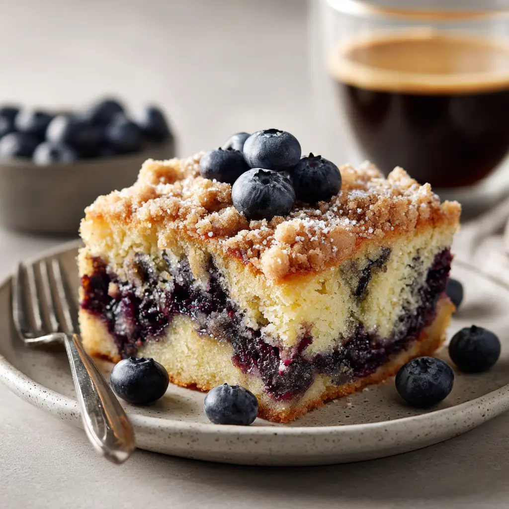 A perfect square slice of blueberry coffee cake on a white plate, showing a moist and tender crumb filled with blueberries.