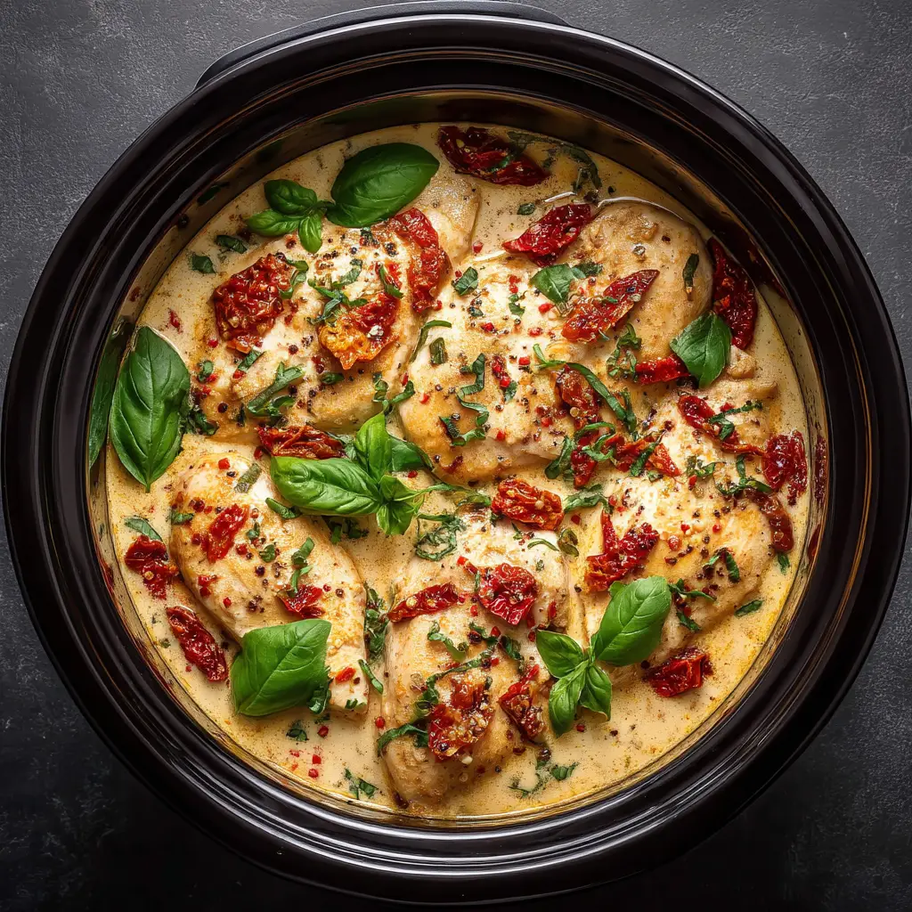 A close-up shot of creamy slow cooker Marry Me Chicken in a cast-iron skillet, topped with fresh basil.