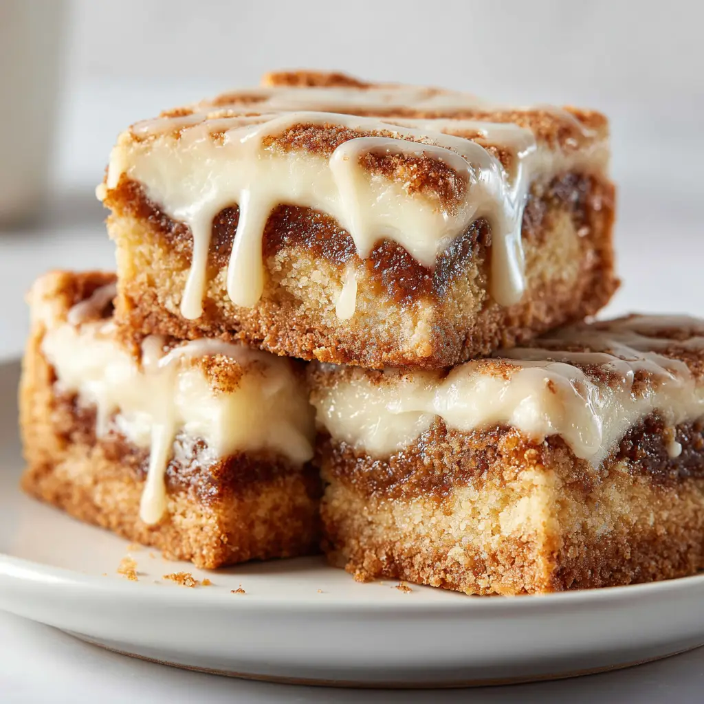 An extreme close-up of three stacked cinnamon roll bars, showcasing the soft texture and gooey cinnamon swirl filling.