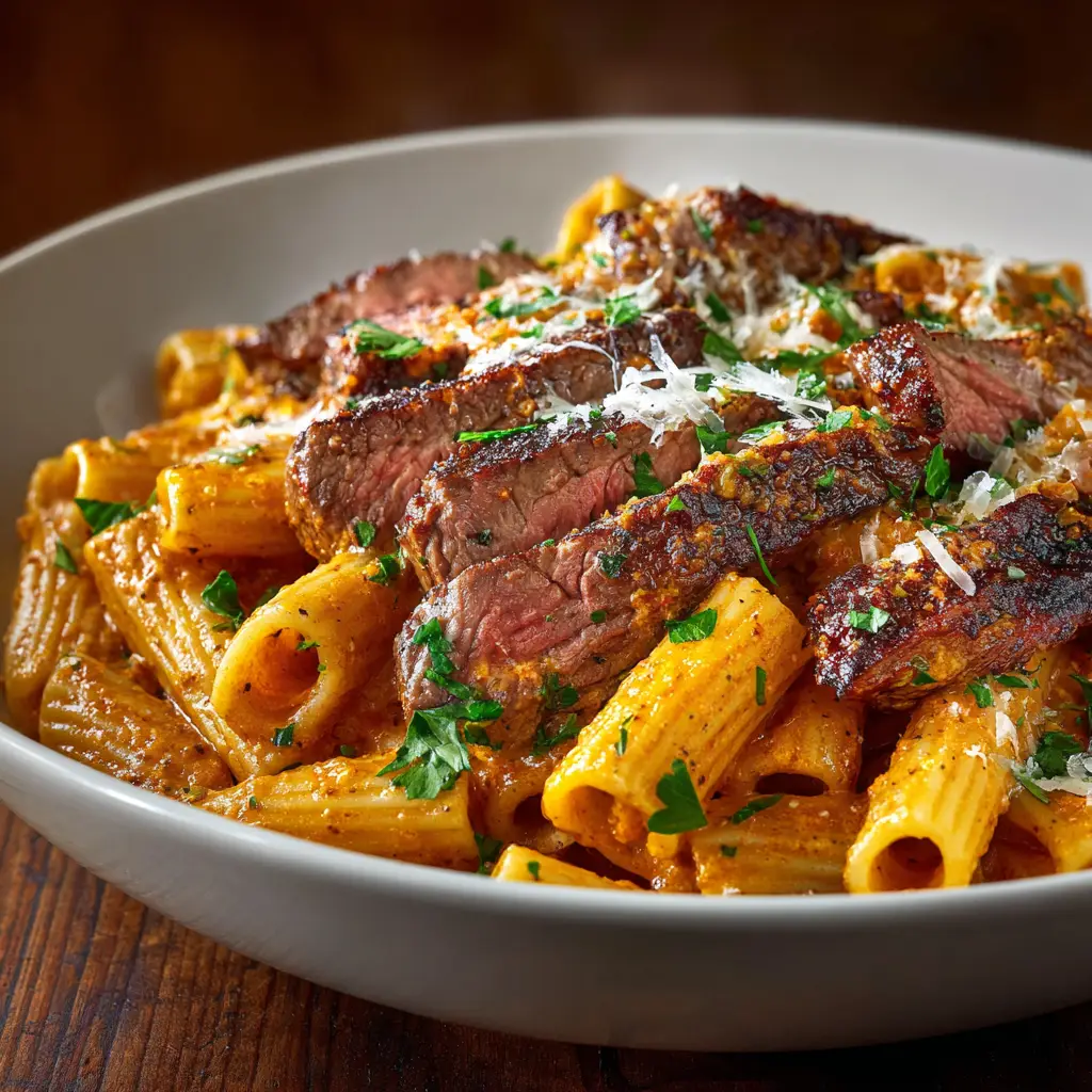 A close-up side view of a fork twirling rigatoni from a bowl of spicy steak pasta. The creamy cajun sauce coats every piece of pasta and steak.