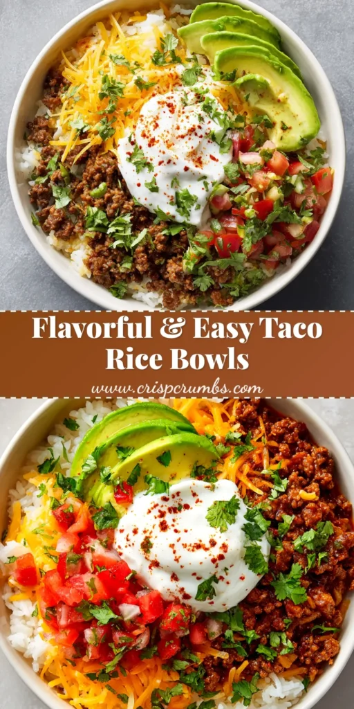 An delicious and easy Taco Rice Bowl loaded with seasoned ground beef, cilantro lime rice, fresh lettuce, tomatoes, and cheese in a white bowl.