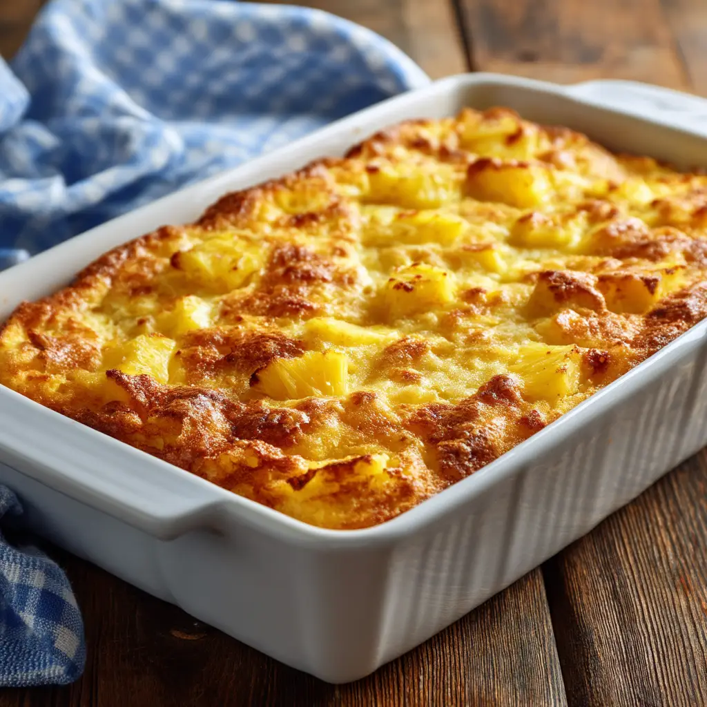 A close-up view of the baked pineapple casserole, highlighting the texture of the crunchy Ritz cracker topping and the melted cheddar cheese.
