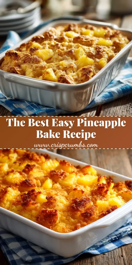 An overhead shot of a golden-brown Pineapple Bake in a white casserole dish, showing the bubbly pineapple filling and cheesy, buttery cracker topping.