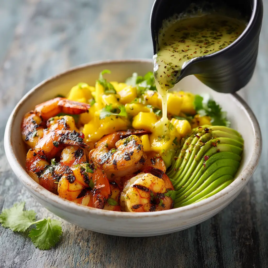 A close-up view of the healthy shrimp bowl, showcasing the perfectly cooked shrimp, diced avocado, and fresh vegetables before being tossed with dressing.
