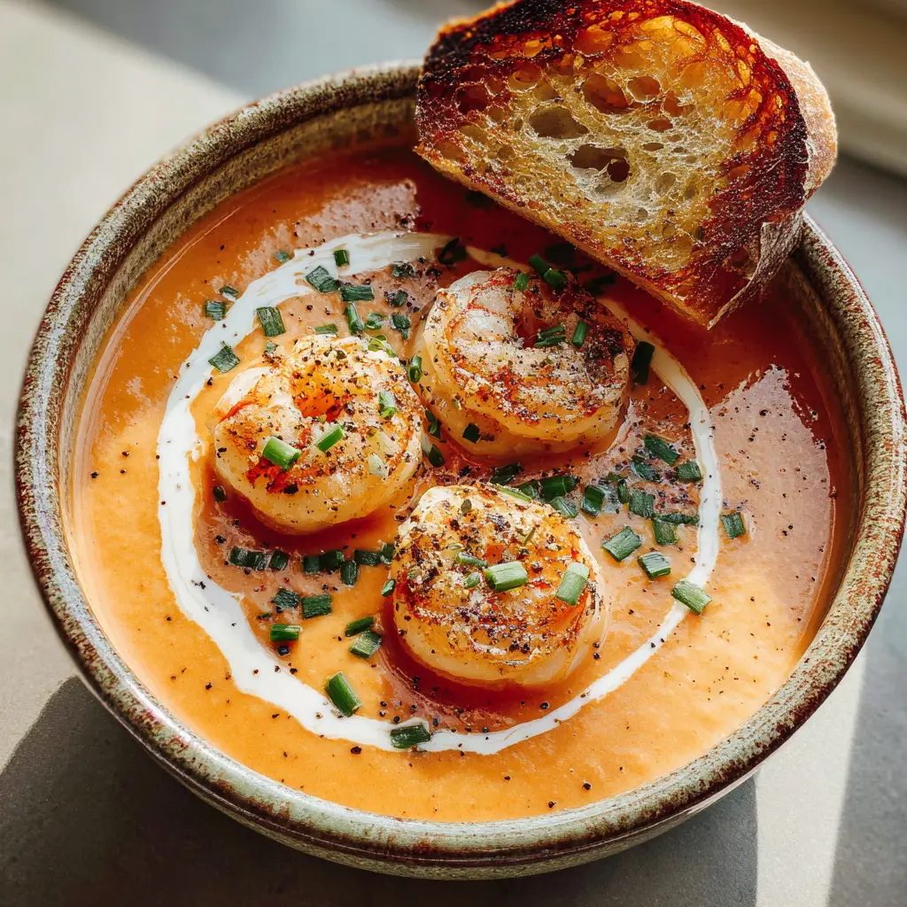 A close-up side view of a bowl of smooth shrimp bisque, highlighting its velvety texture and rich orange-pink color before garnishing.